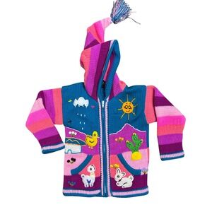 Kids Alpaca Wool Hand Knit Peruvian Sweater Jacket Multicolor Animals Clouds 3/4